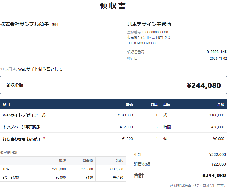 領収書の見本。領収書番号、発行日、但し書き、領収金額、税率別の内訳が並んでいる