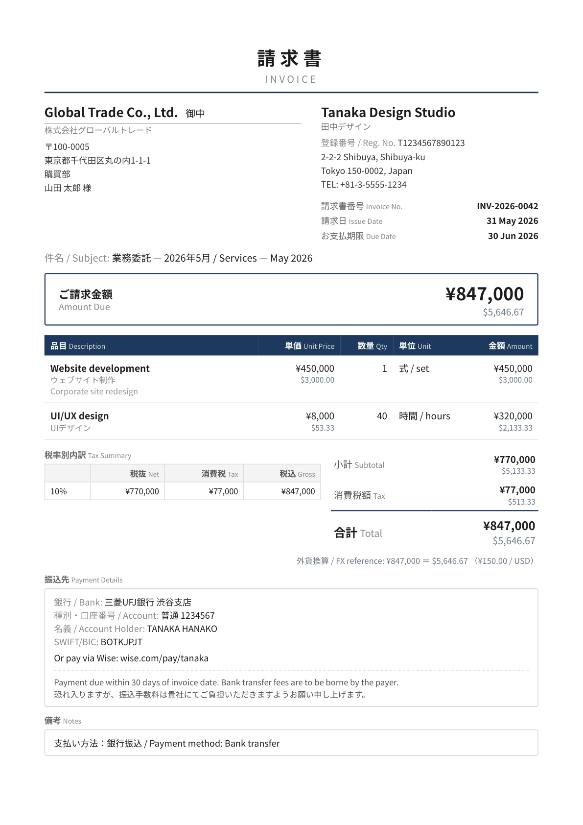 BridgeInvoiceで生成した日英バイリンガル請求書のサンプル
